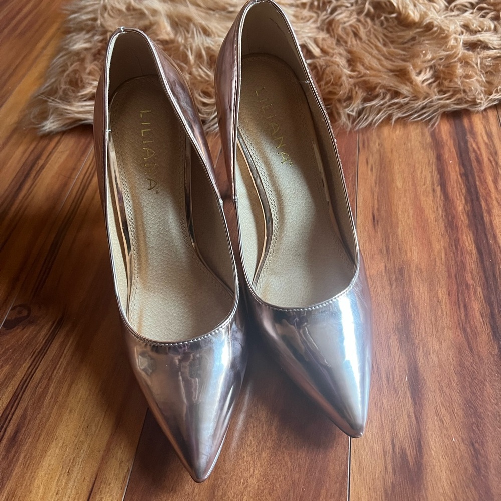 Rose gold heels.